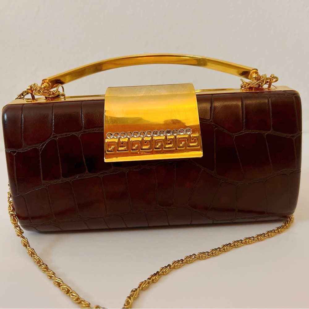 CLEARANCE ✨ Vintage Brown & Gold Clutch with Diamond Detail - Picture 5 of 13